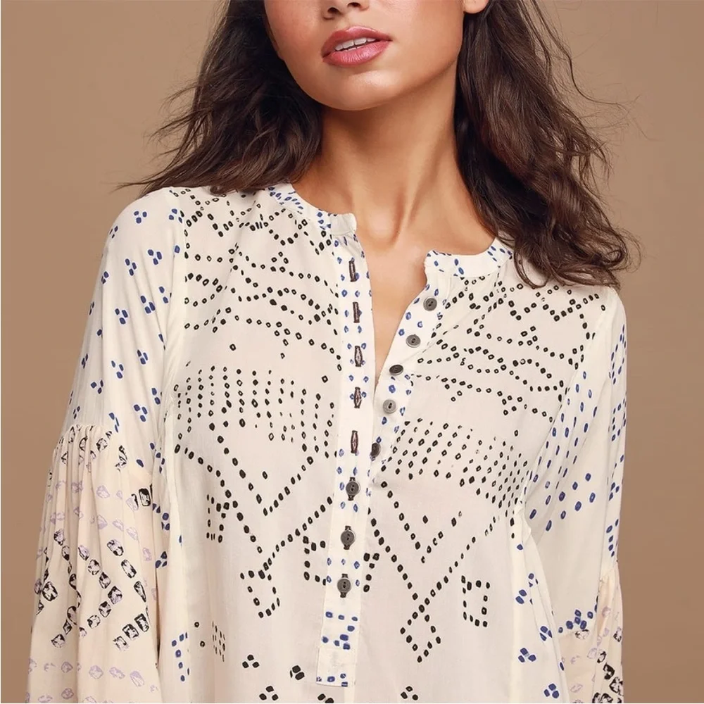 Free People Shibori Ivory Print Long Sleeve Button-Up Tunic Boho Festival XS